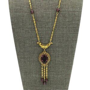 Goldette Pendant Necklace Gold Tone Purple Faceted Stone Signed Vintage